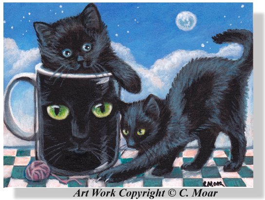 Black Kitten Cat Eyes Coffee Cup Mug Moon Stars Surreal ACEO Original ...